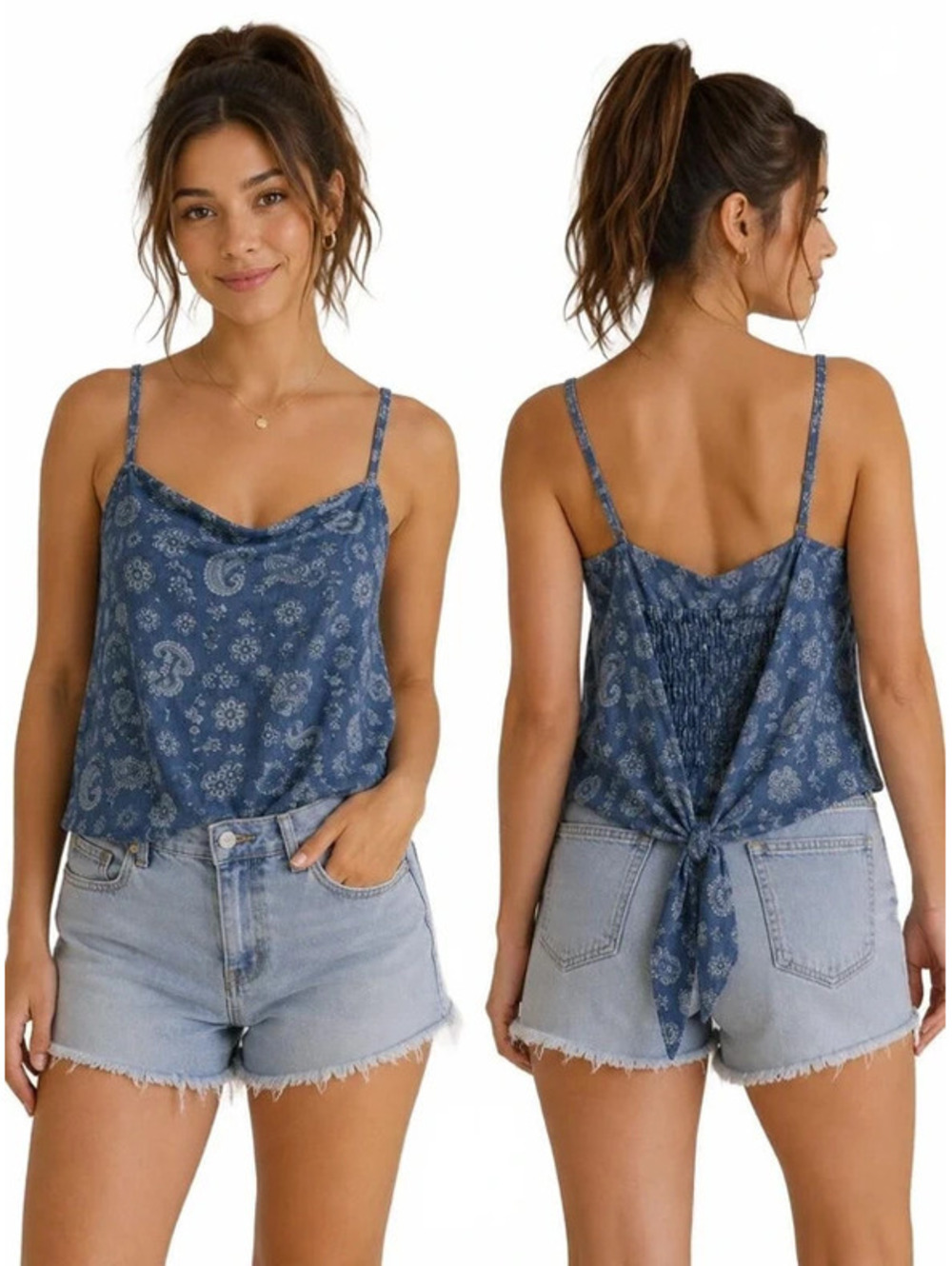 Madden Girl Womens Paisley Cami Tank Top Blue Tie Back Sleeveless Boho